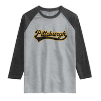 Vintage Pittsburgh Raglan Shirt Varsity Script Retro Sports Jersey Style Baseball Fans