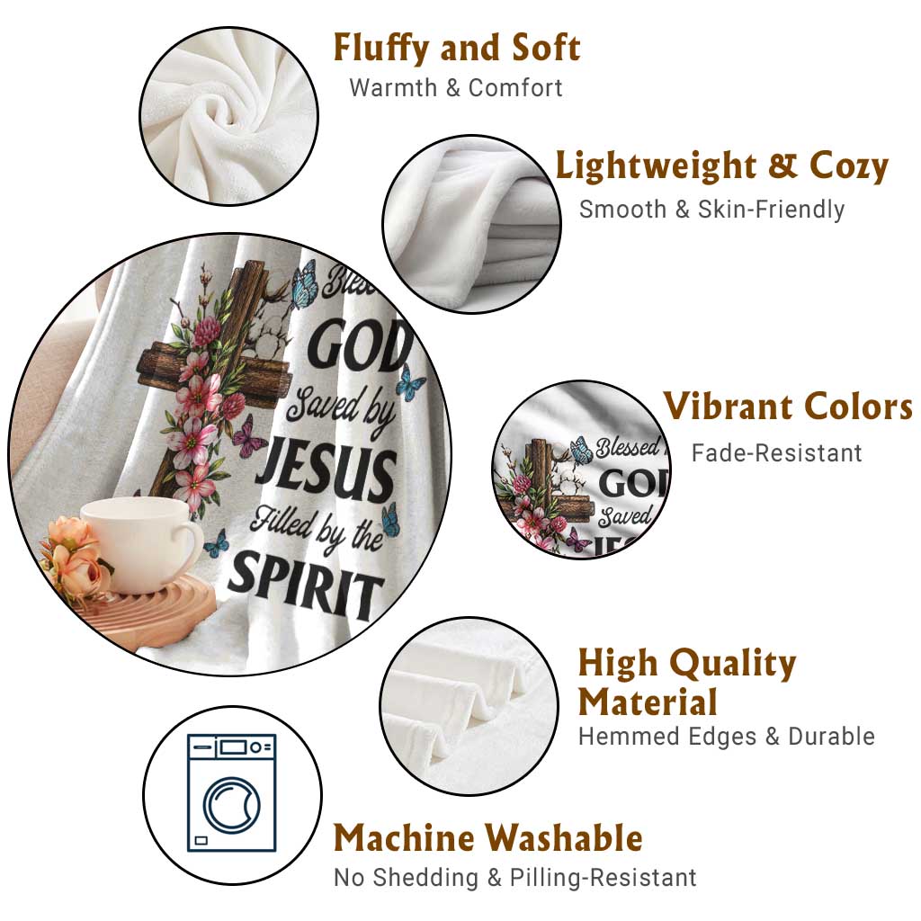 Blessed By God Saved By Jesus Throw Blanket Floral Cross Christian Faith Inspirational