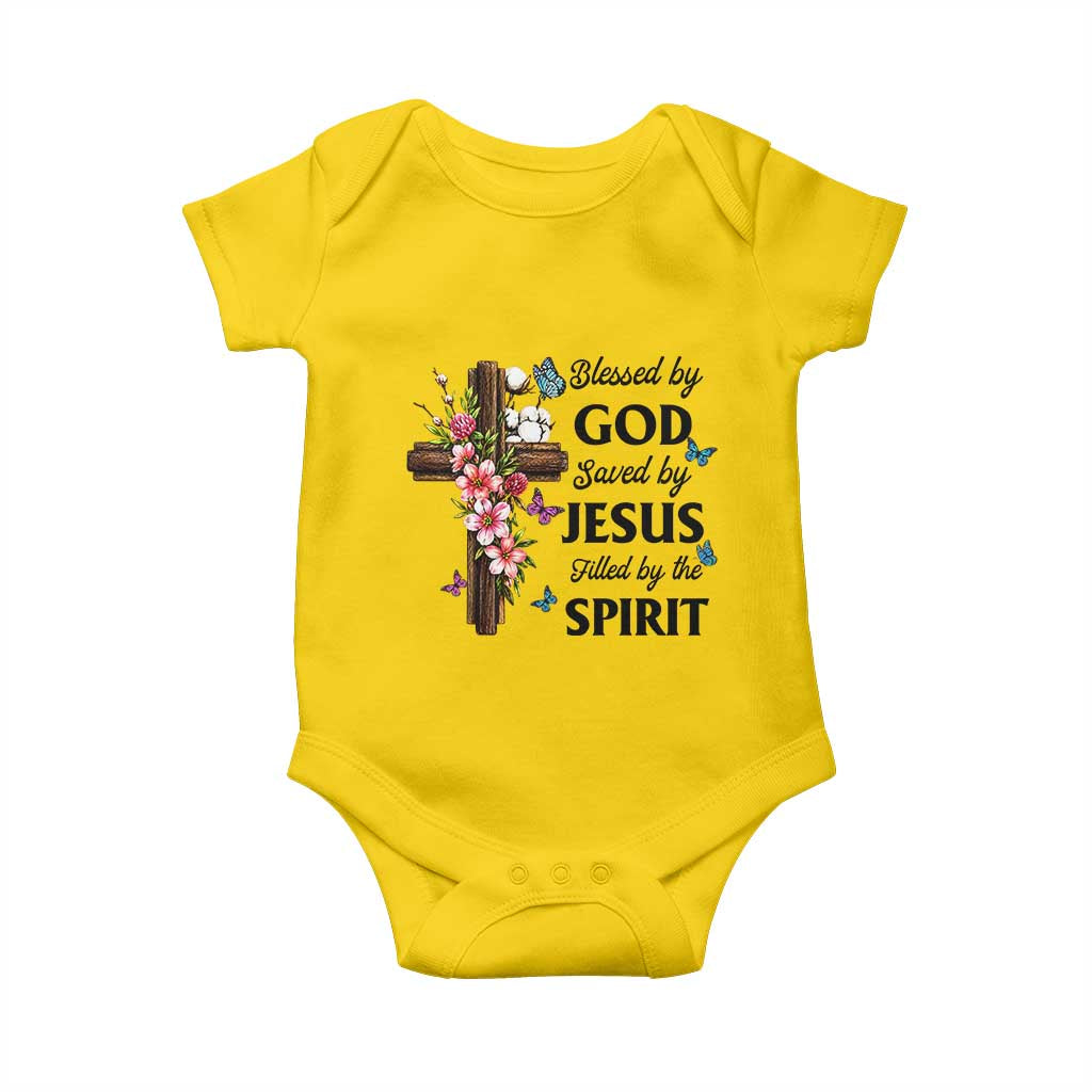 Blessed By God Saved By Jesus Baby Onesie Floral Cross Christian Faith Inspirational