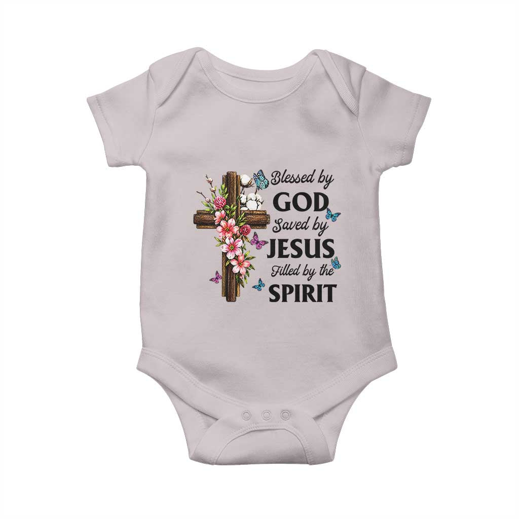 Blessed By God Saved By Jesus Baby Onesie Floral Cross Christian Faith Inspirational
