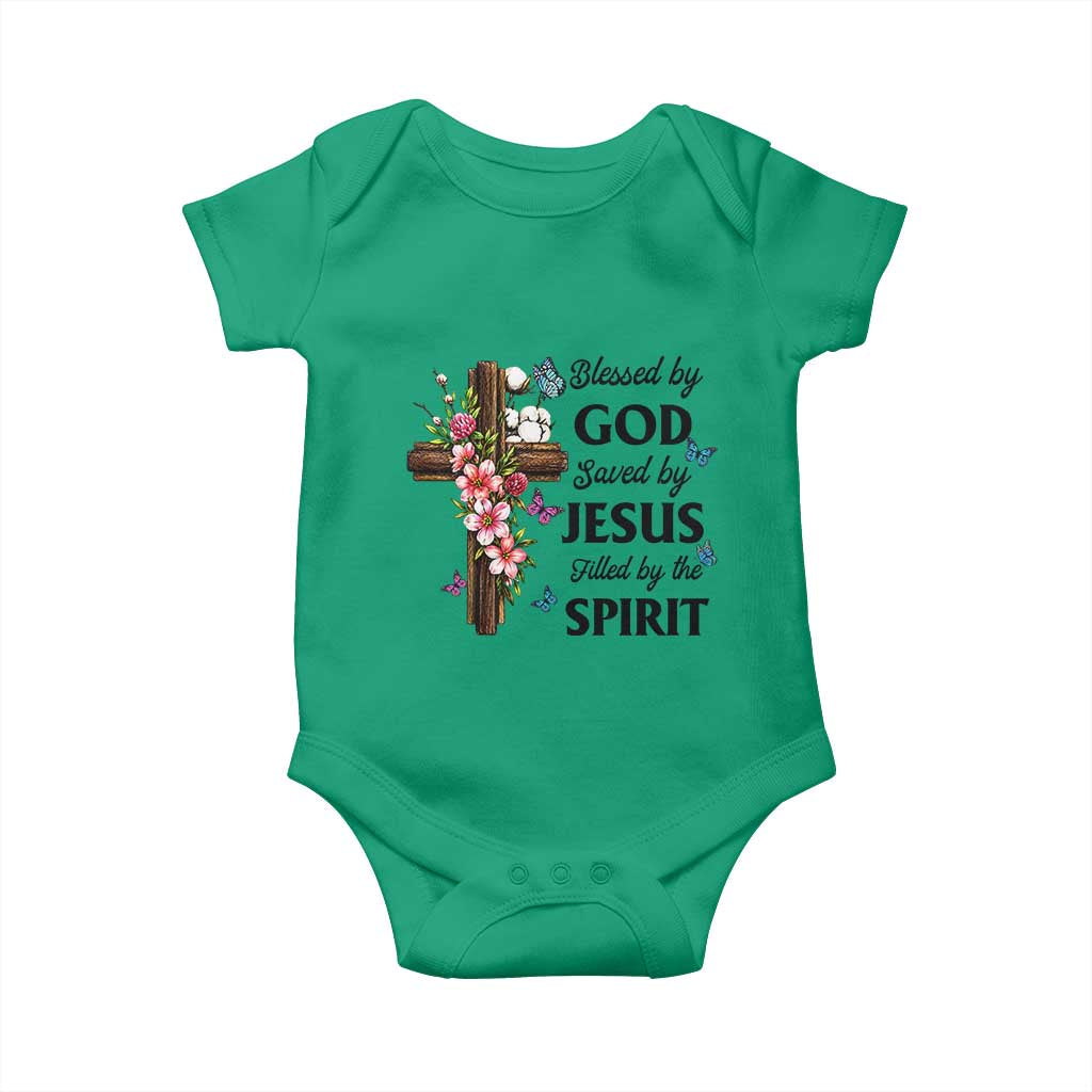 Blessed By God Saved By Jesus Baby Onesie Floral Cross Christian Faith Inspirational
