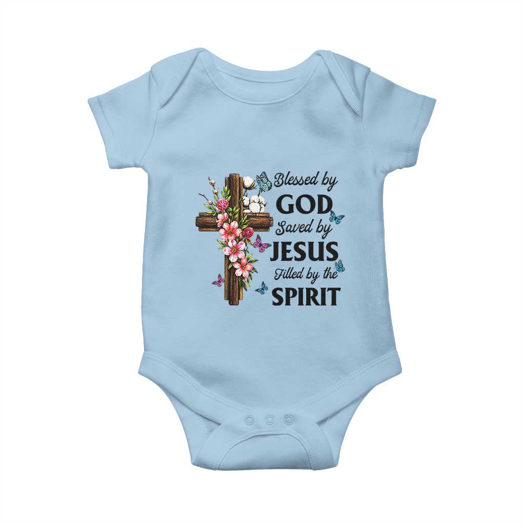 Blessed By God Saved By Jesus Baby Onesie Floral Cross Christian Faith Inspirational