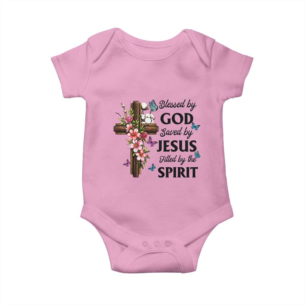 Blessed By God Saved By Jesus Baby Onesie Floral Cross Christian Faith Inspirational
