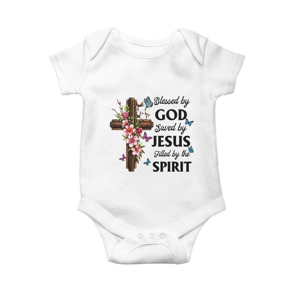 Blessed By God Saved By Jesus Baby Onesie Floral Cross Christian Faith Inspirational
