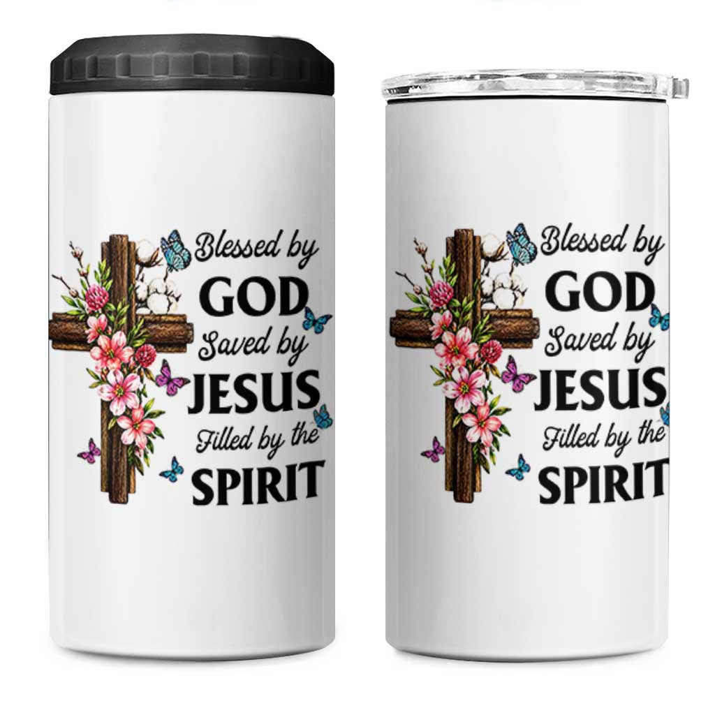 Blessed By God Saved By Jesus 4 in 1 Can Cooler Tumbler Floral Cross Christian Faith Inspirational