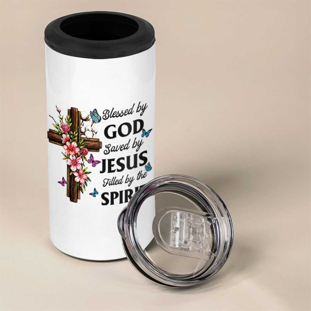 Blessed By God Saved By Jesus 4 in 1 Can Cooler Tumbler Floral Cross Christian Faith Inspirational