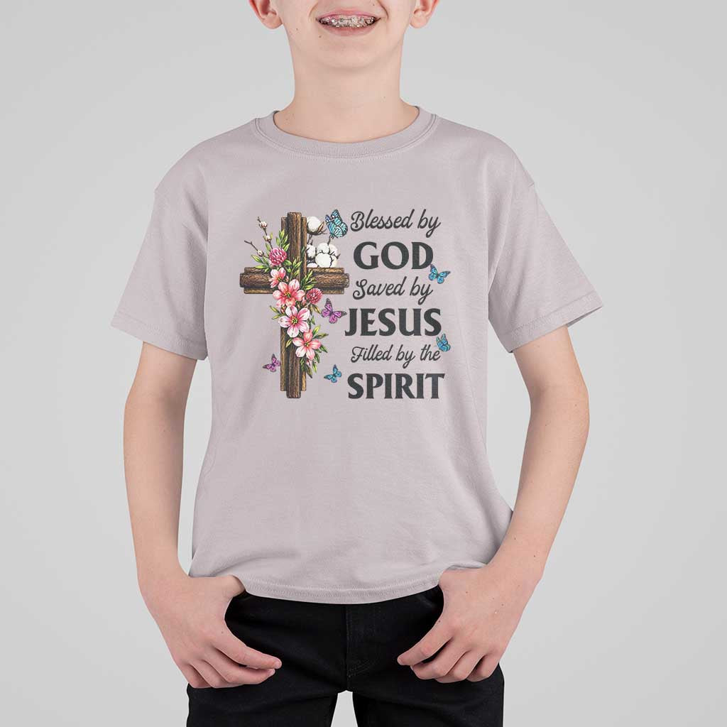 Blessed By God Saved By Jesus T Shirt For Kid Floral Cross Christian Faith Inspirational