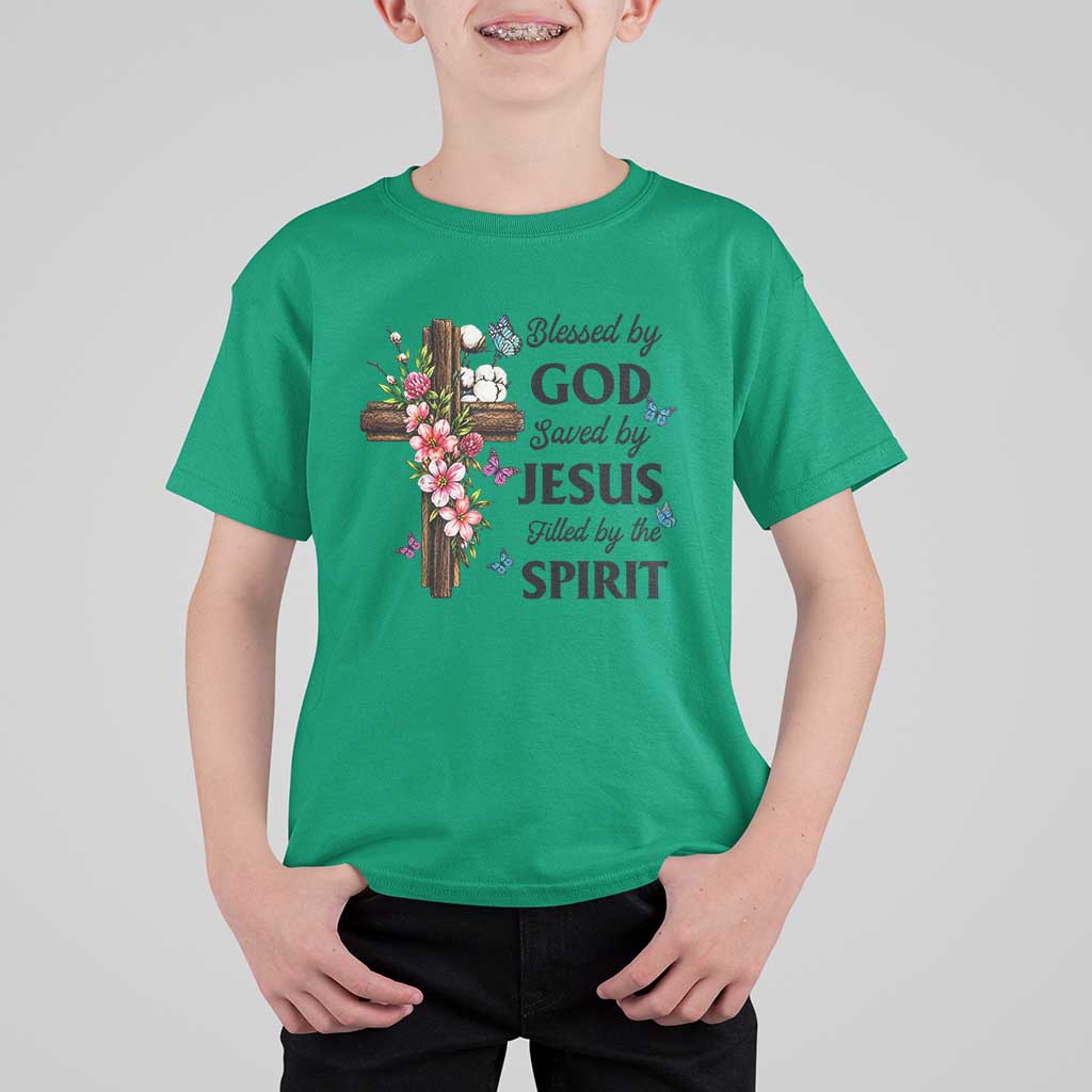 Blessed By God Saved By Jesus T Shirt For Kid Floral Cross Christian Faith Inspirational