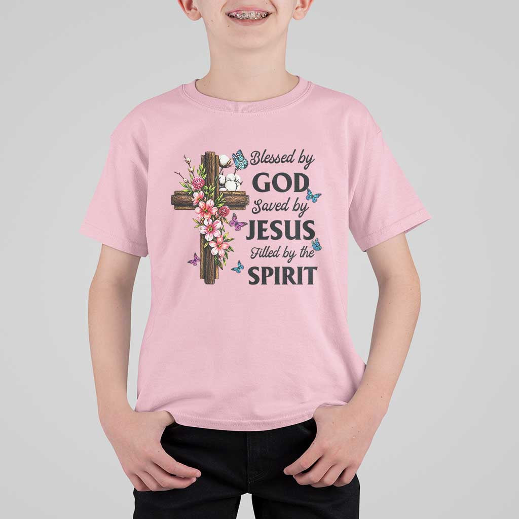 Blessed By God Saved By Jesus T Shirt For Kid Floral Cross Christian Faith Inspirational