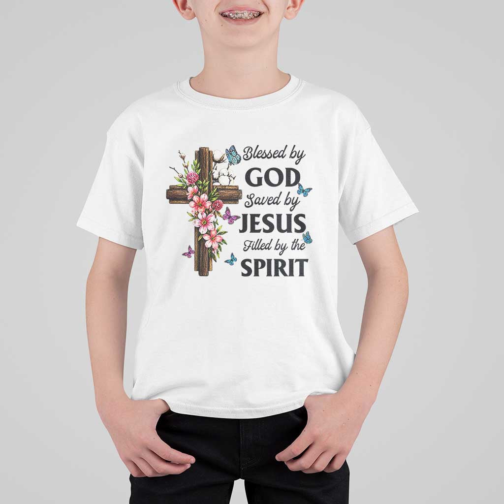 Blessed By God Saved By Jesus T Shirt For Kid Floral Cross Christian Faith Inspirational