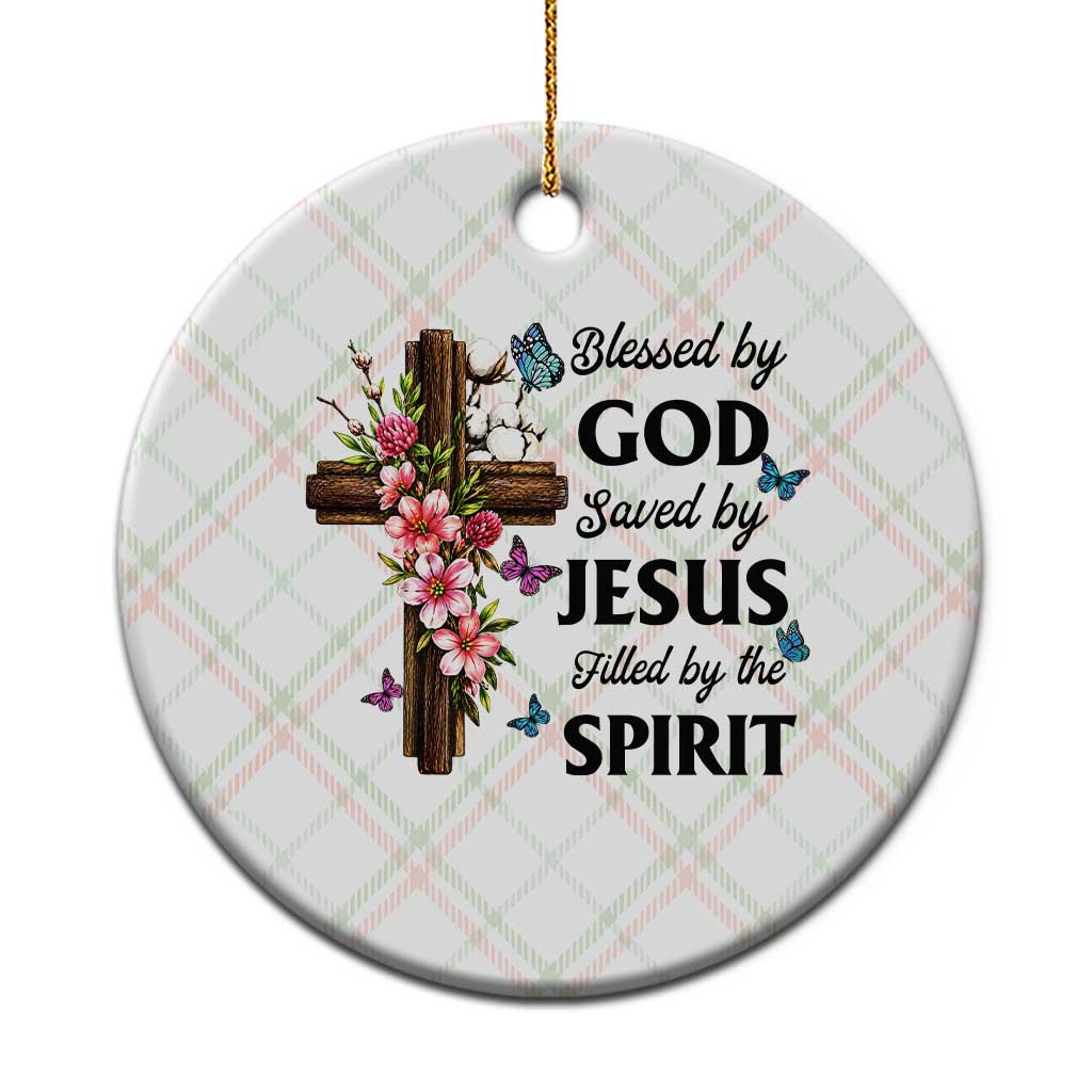 Blessed By God Saved By Jesus Ceramic Ornament Floral Cross Christian Faith Inspirational