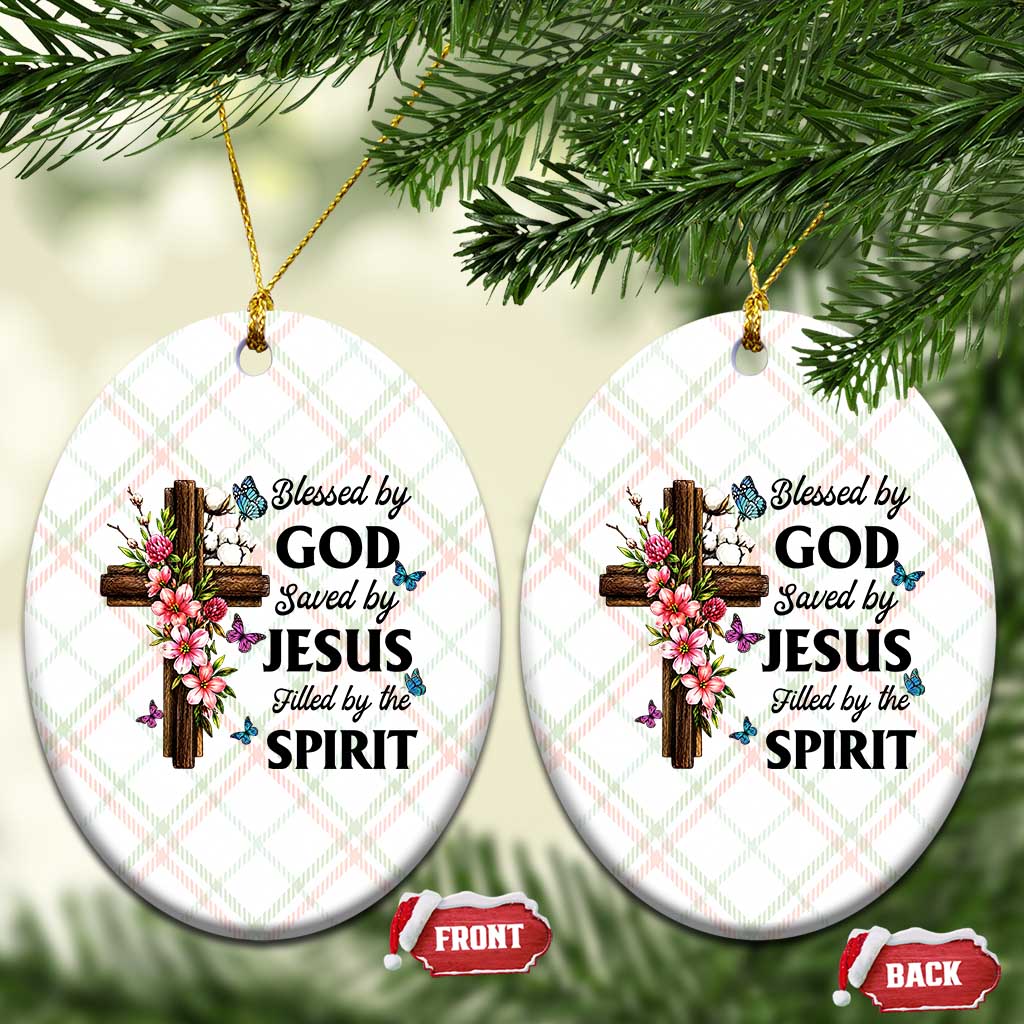 Blessed By God Saved By Jesus Ceramic Ornament Floral Cross Christian Faith Inspirational
