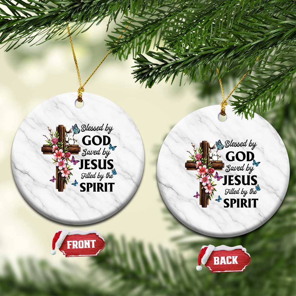 Blessed By God Saved By Jesus Ceramic Ornament Floral Cross Christian Faith Inspirational