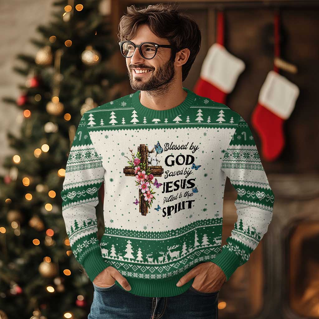 Blessed By God Saved By Jesus Ugly Christmas Sweater Floral Cross Christian Faith Inspirational