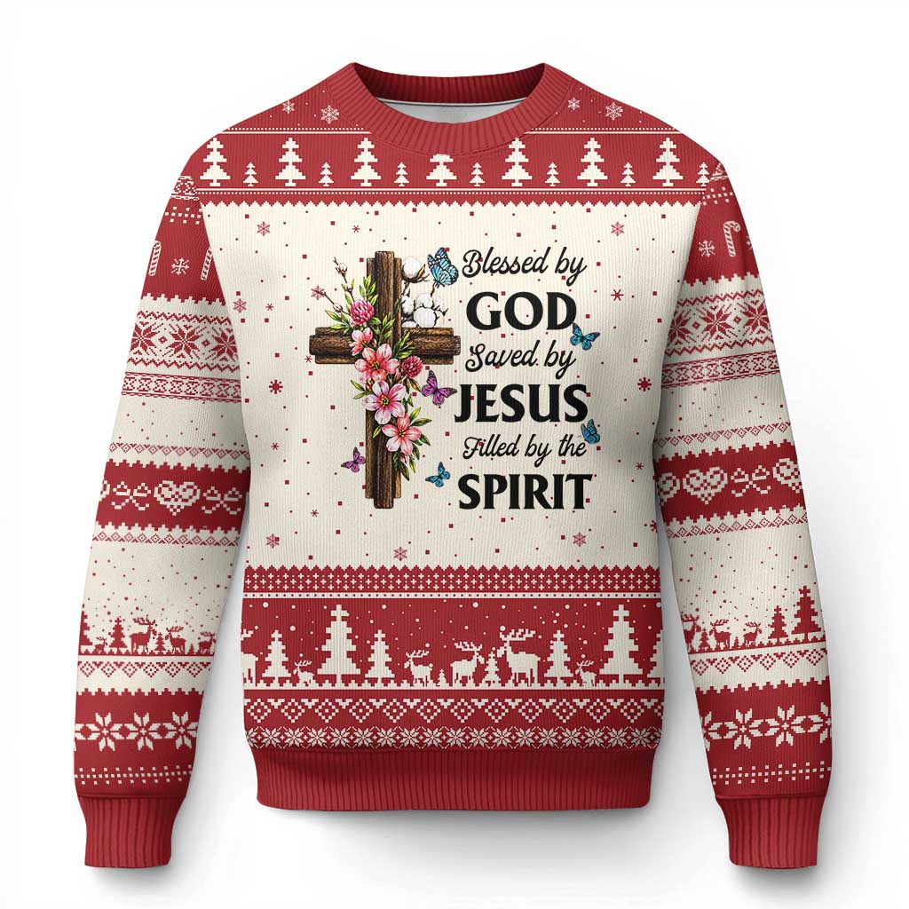 Blessed By God Saved By Jesus Ugly Christmas Sweater Floral Cross Christian Faith Inspirational