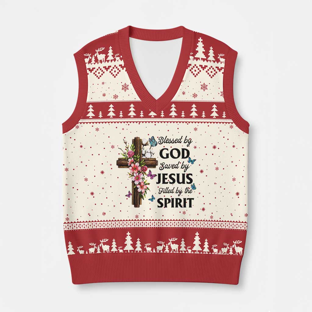 Blessed By God Saved By Jesus V-Neck Knit Sweater Vest Floral Cross Christian Faith Inspirational