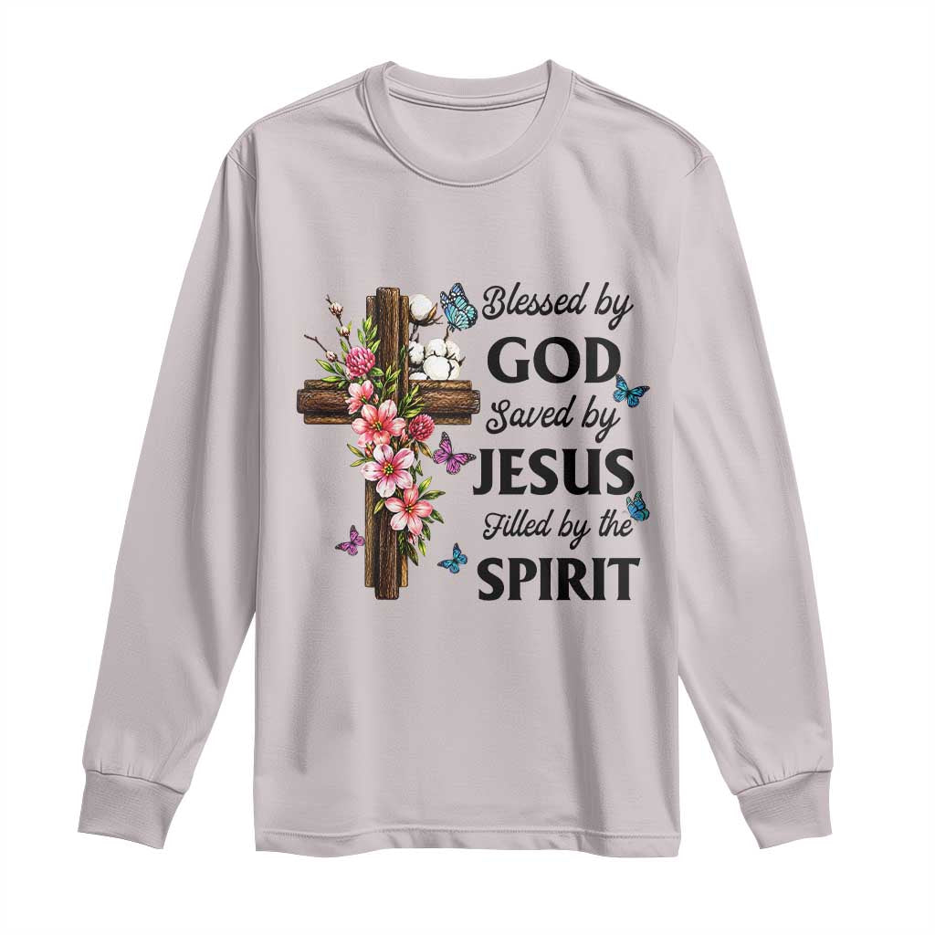 Blessed By God Saved By Jesus Long Sleeve Shirt Floral Cross Christian Faith Inspirational