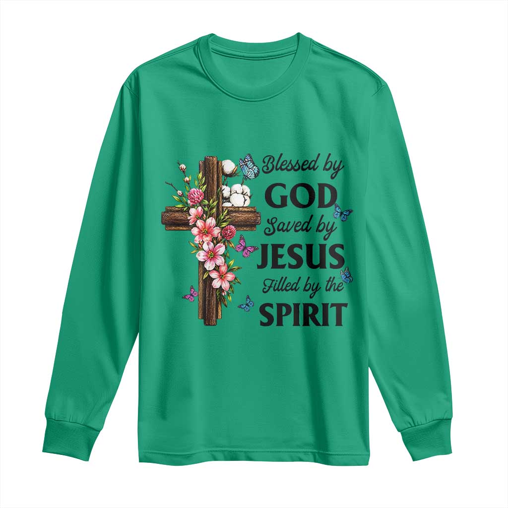 Blessed By God Saved By Jesus Long Sleeve Shirt Floral Cross Christian Faith Inspirational