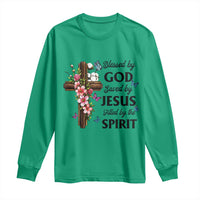 Blessed By God Saved By Jesus Long Sleeve Shirt Floral Cross Christian Faith Inspirational