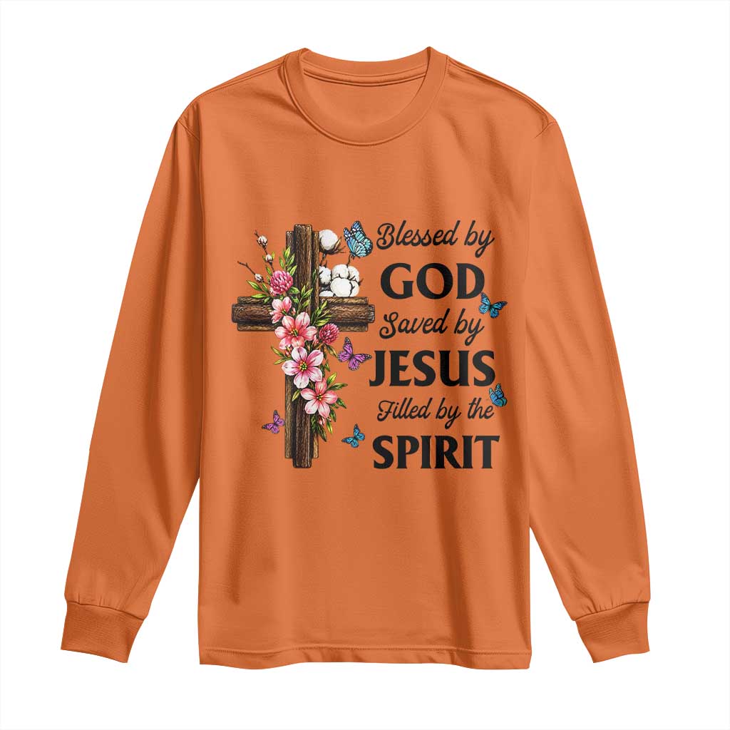 Blessed By God Saved By Jesus Long Sleeve Shirt Floral Cross Christian Faith Inspirational
