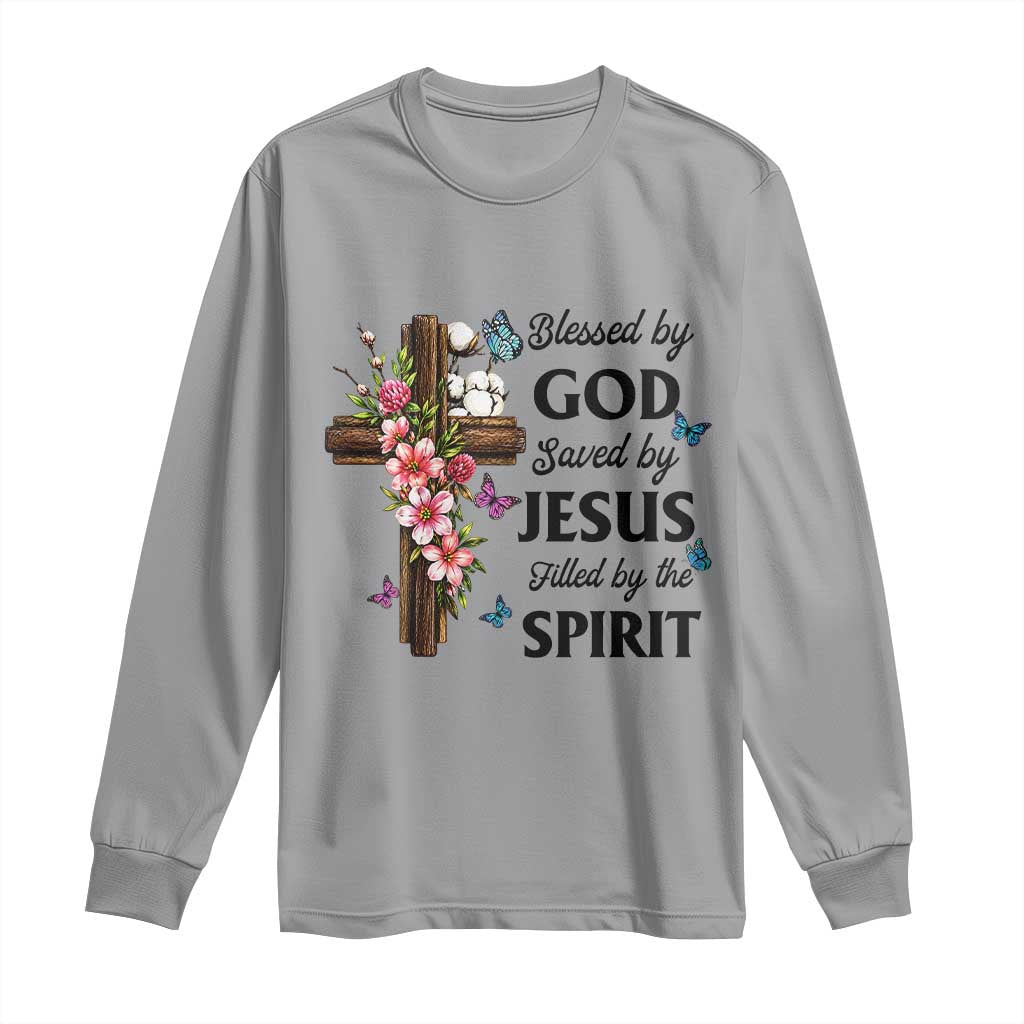 Blessed By God Saved By Jesus Long Sleeve Shirt Floral Cross Christian Faith Inspirational