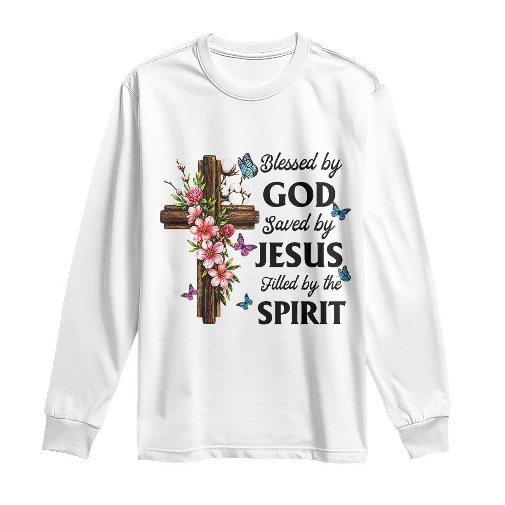Blessed By God Saved By Jesus Long Sleeve Shirt Floral Cross Christian Faith Inspirational