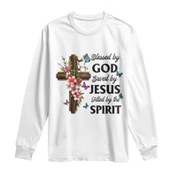 Blessed By God Saved By Jesus Long Sleeve Shirt Floral Cross Christian Faith Inspirational