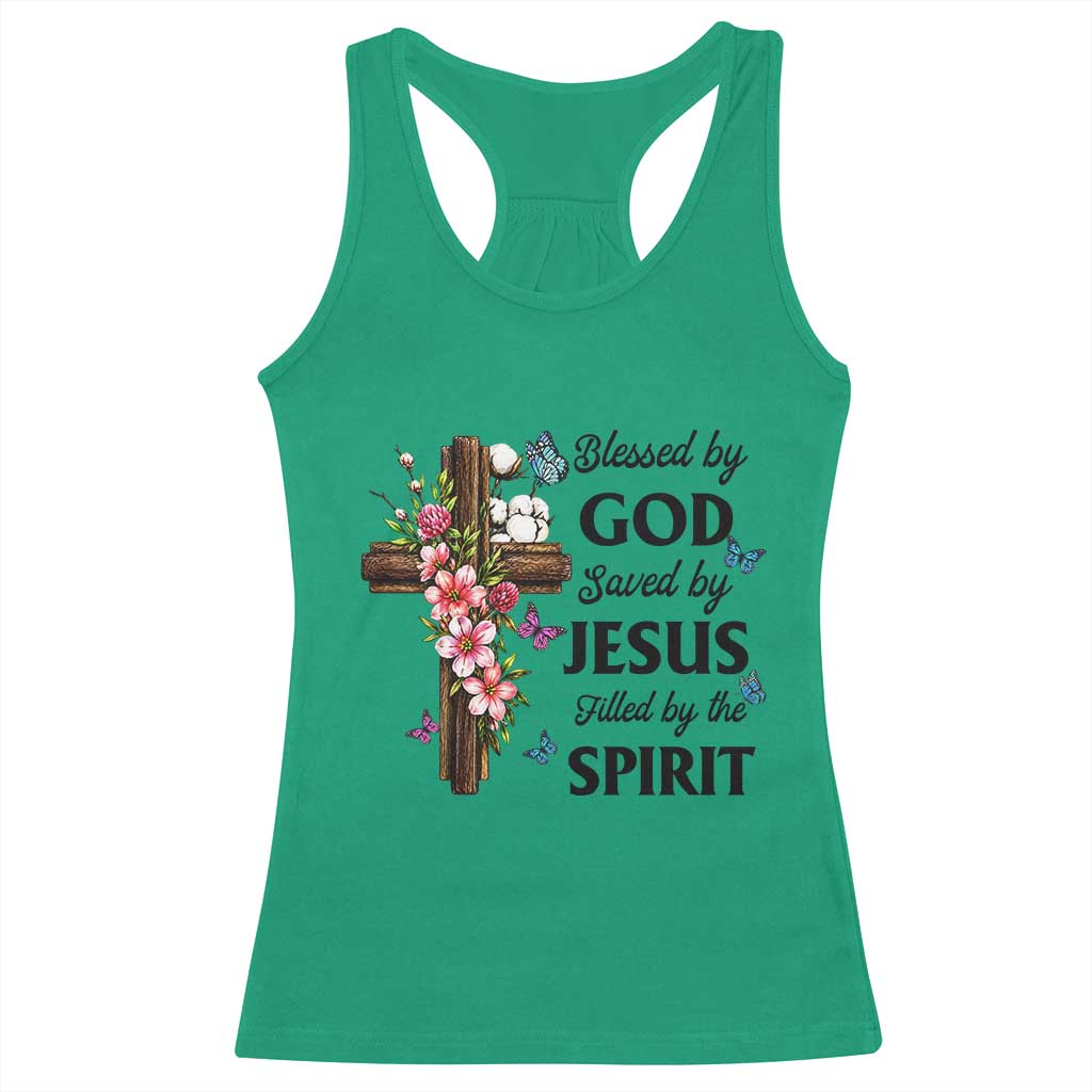 Blessed By God Saved By Jesus Racerback Tank Top Floral Cross Christian Faith Inspirational