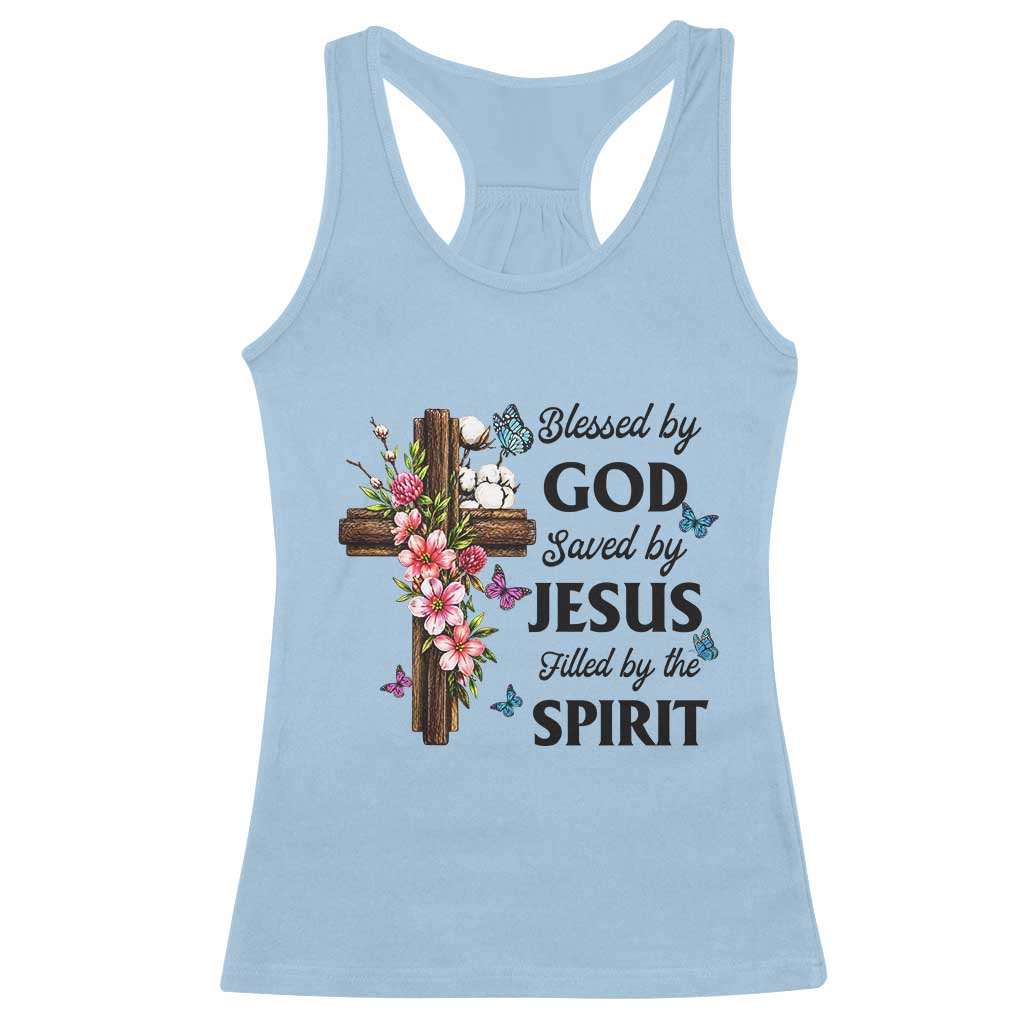 Blessed By God Saved By Jesus Racerback Tank Top Floral Cross Christian Faith Inspirational