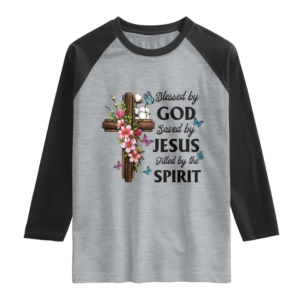 Blessed By God Saved By Jesus Raglan Shirt Floral Cross Christian Faith Inspirational