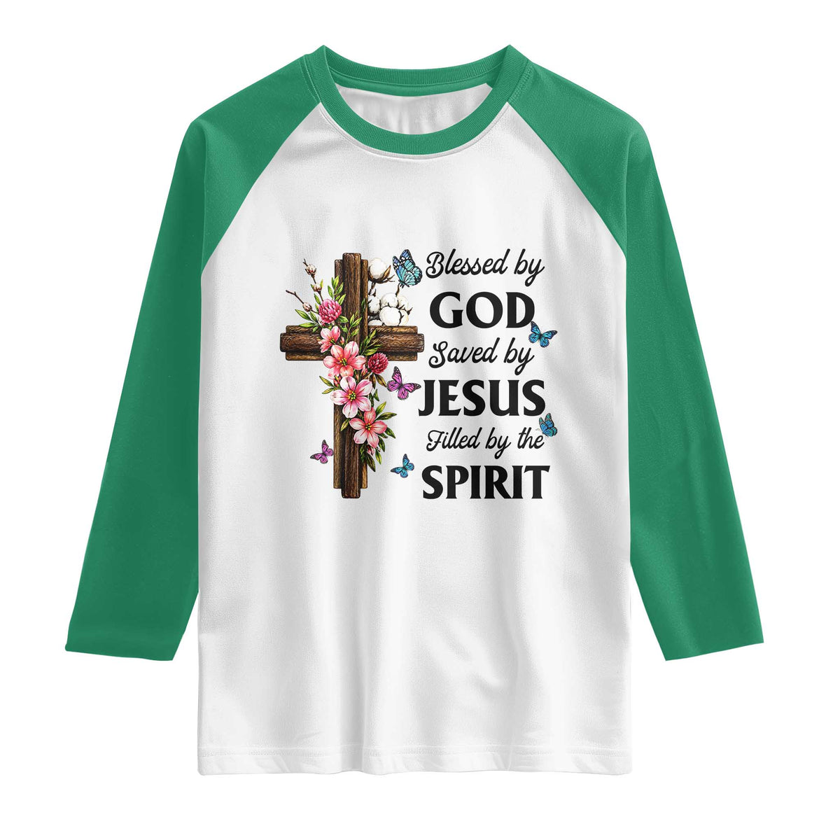 Blessed By God Saved By Jesus Raglan Shirt Floral Cross Christian Faith Inspirational