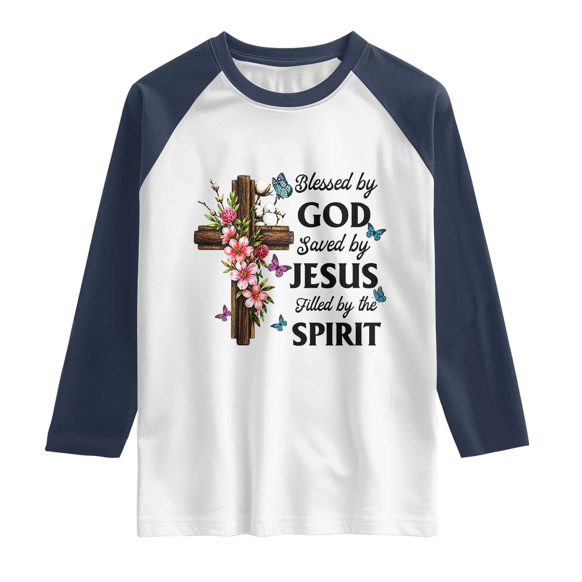 Blessed By God Saved By Jesus Raglan Shirt Floral Cross Christian Faith Inspirational