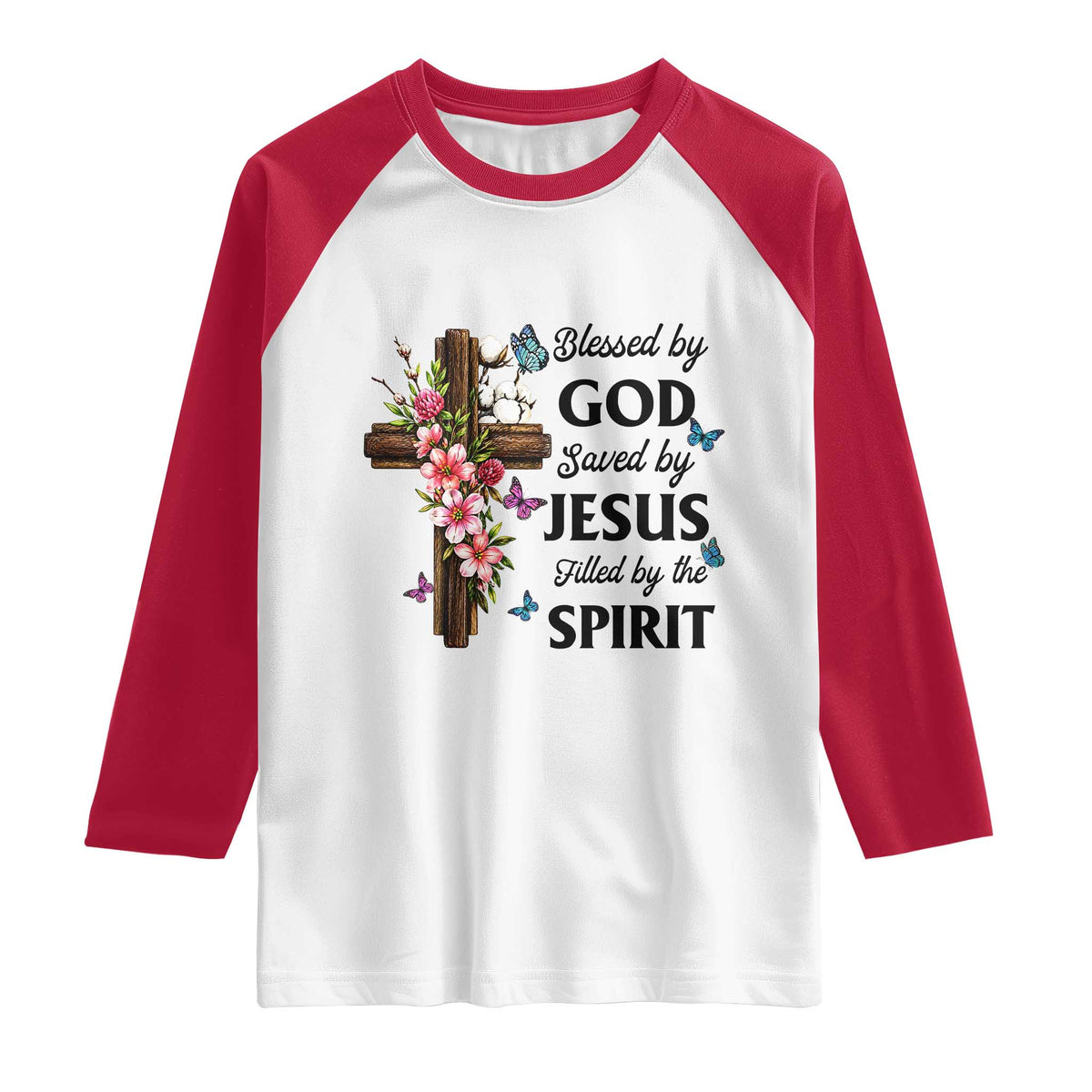 Blessed By God Saved By Jesus Raglan Shirt Floral Cross Christian Faith Inspirational