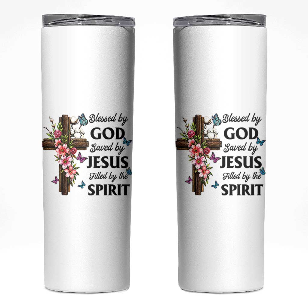 Blessed By God Saved By Jesus Skinny Tumbler Floral Cross Christian Faith Inspirational