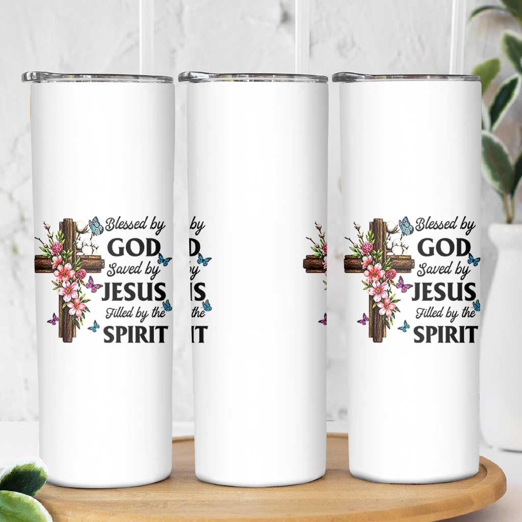 Blessed By God Saved By Jesus Skinny Tumbler Floral Cross Christian Faith Inspirational