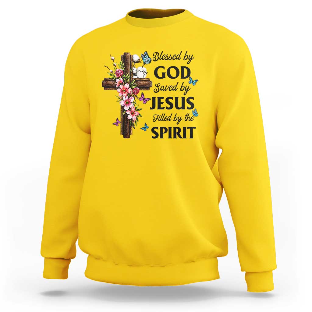 Blessed By God Saved By Jesus Sweatshirt Floral Cross Christian Faith Inspirational