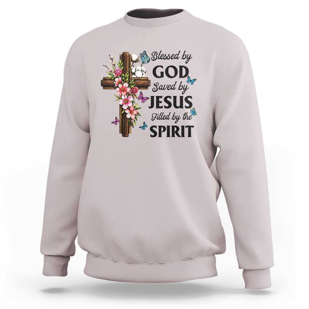 Blessed By God Saved By Jesus Sweatshirt Floral Cross Christian Faith Inspirational