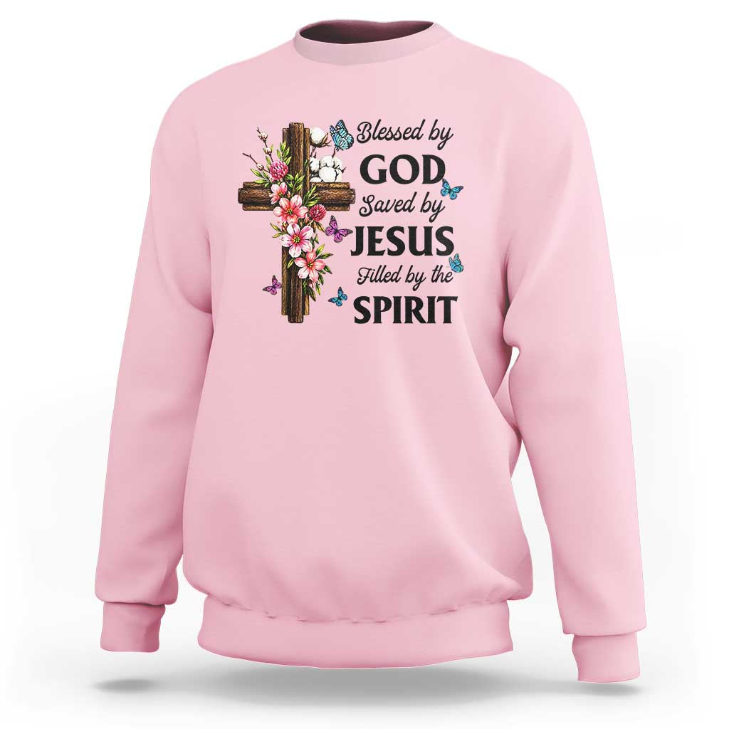 Blessed By God Saved By Jesus Sweatshirt Floral Cross Christian Faith Inspirational