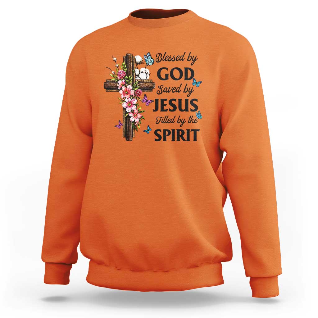 Blessed By God Saved By Jesus Sweatshirt Floral Cross Christian Faith Inspirational