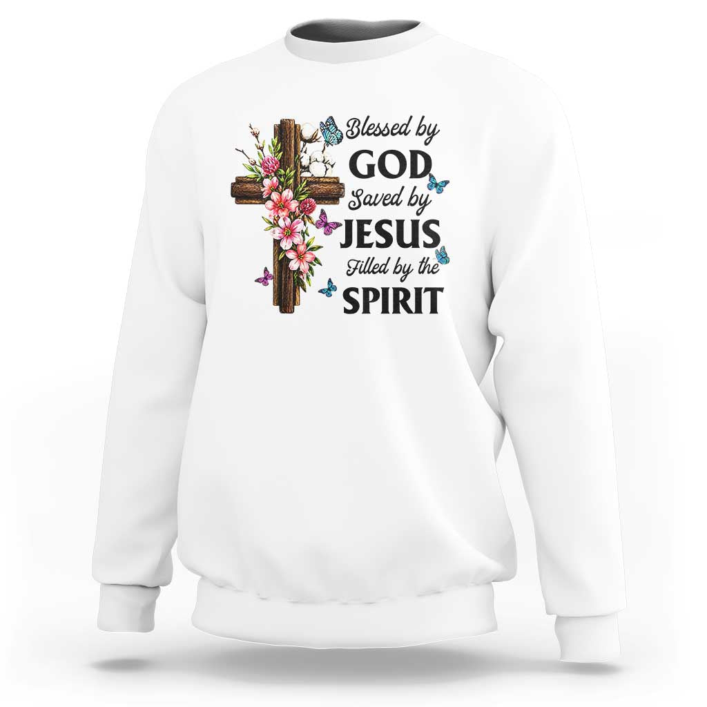 Blessed By God Saved By Jesus Sweatshirt Floral Cross Christian Faith Inspirational