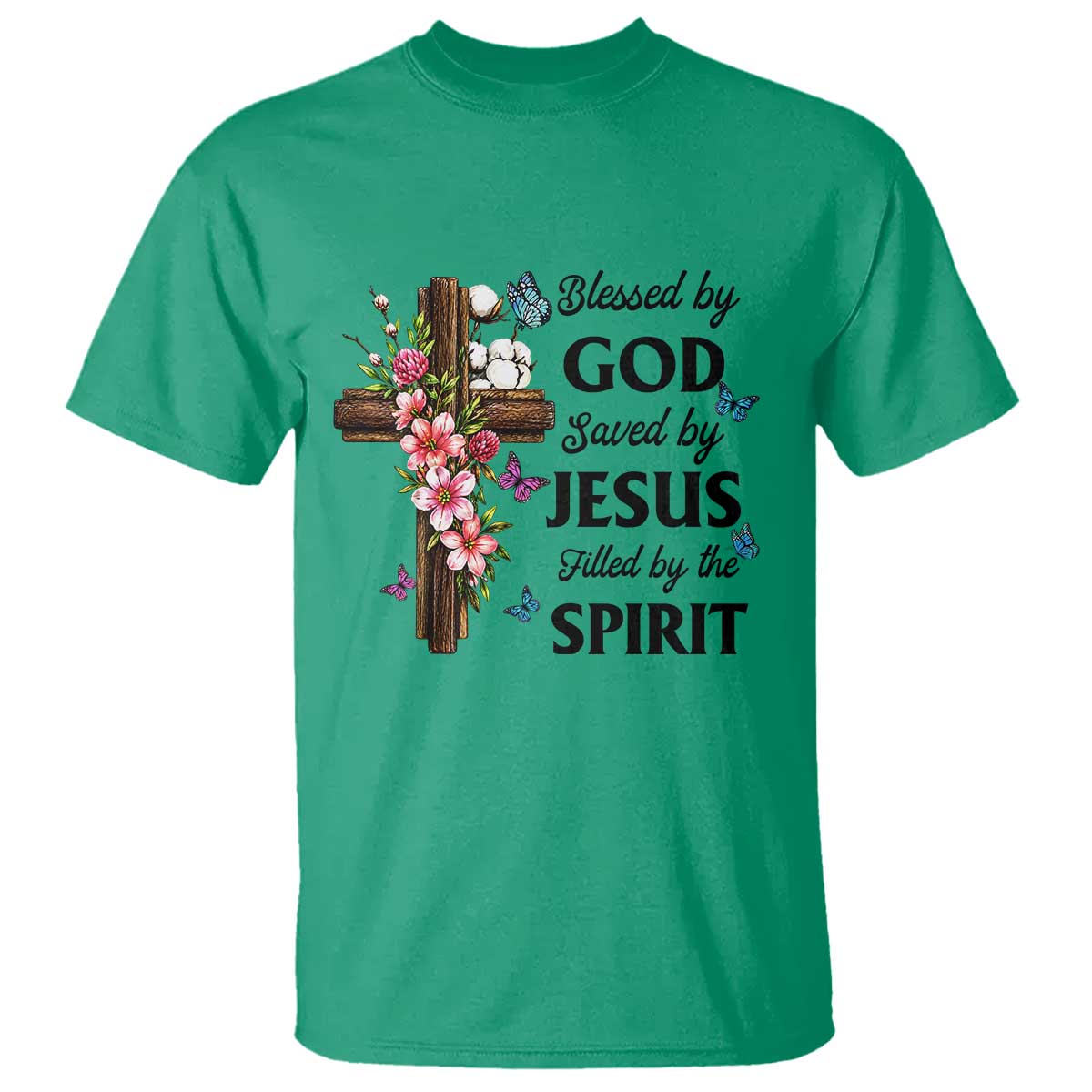 Blessed By God Saved By Jesus T Shirt Floral Cross Christian Faith Inspirational