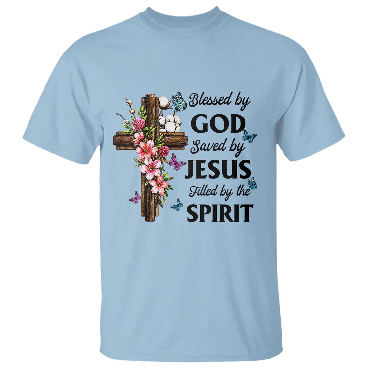 Blessed By God Saved By Jesus T Shirt Floral Cross Christian Faith Inspirational