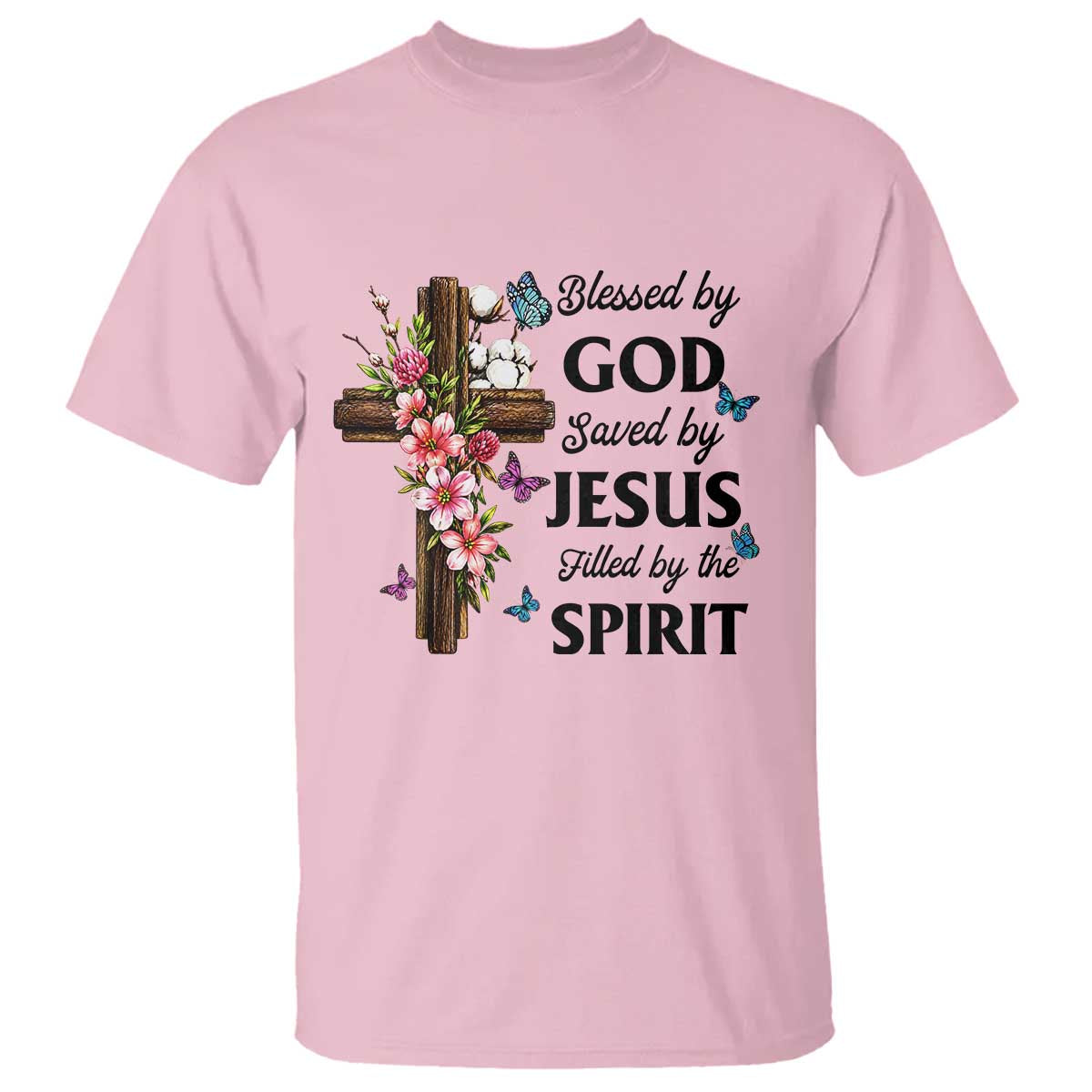 Blessed By God Saved By Jesus T Shirt Floral Cross Christian Faith Inspirational