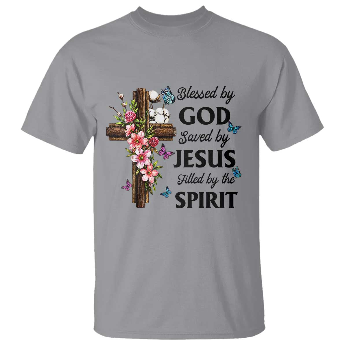 Blessed By God Saved By Jesus T Shirt Floral Cross Christian Faith Inspirational