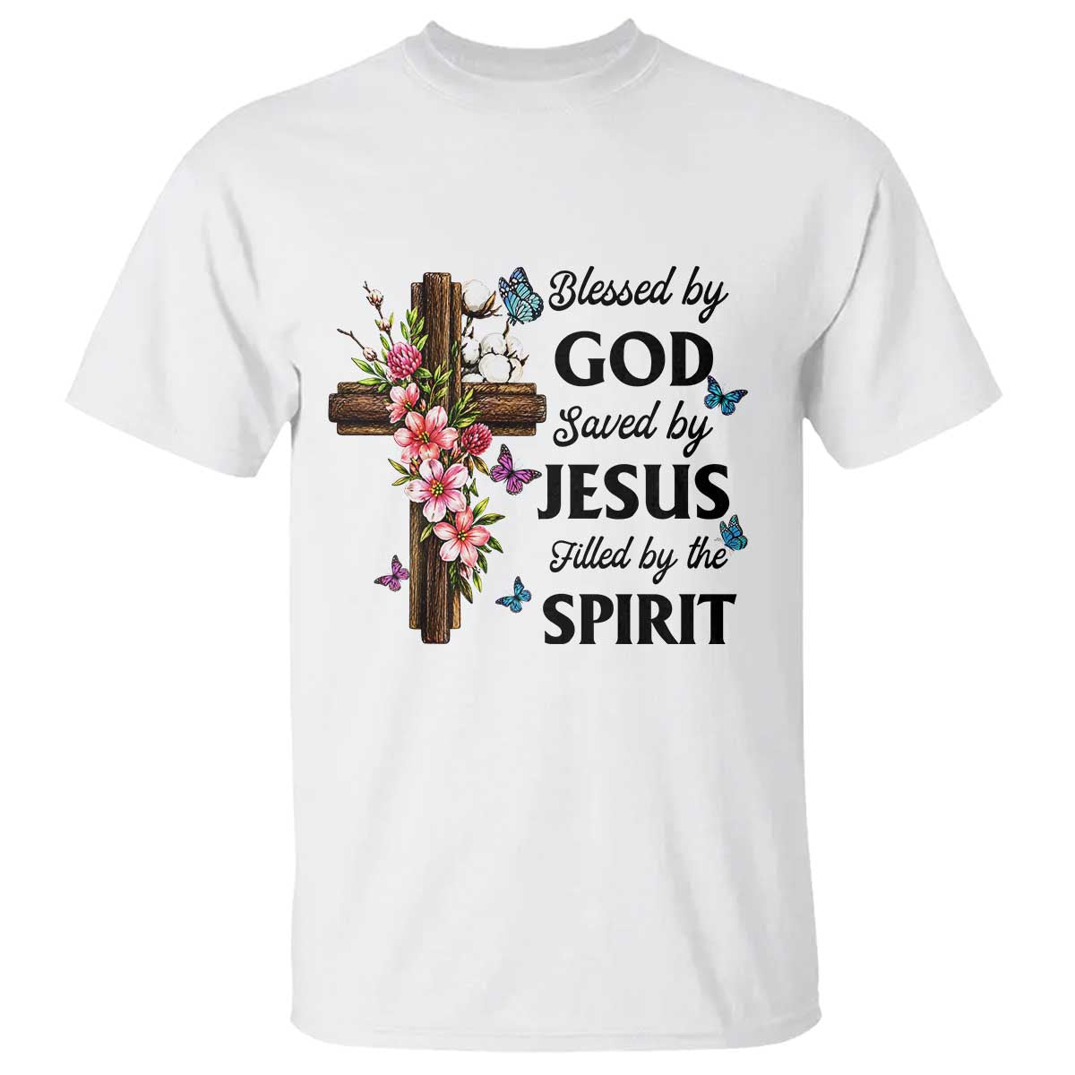 Blessed By God Saved By Jesus T Shirt Floral Cross Christian Faith Inspirational