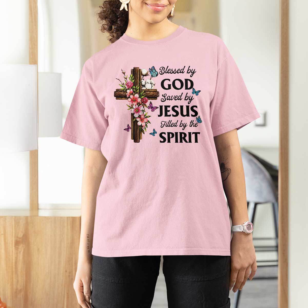 Blessed By God Saved By Jesus T Shirt For Women Floral Cross Christian Faith Inspirational