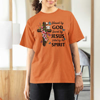 Blessed By God Saved By Jesus T Shirt For Women Floral Cross Christian Faith Inspirational
