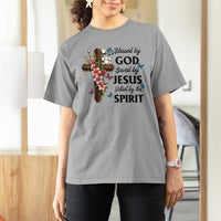 Blessed By God Saved By Jesus T Shirt For Women Floral Cross Christian Faith Inspirational