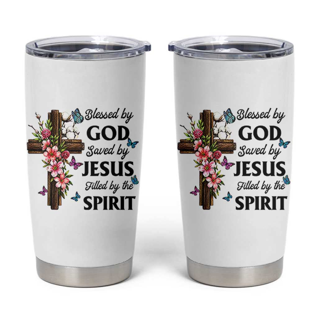 Blessed By God Saved By Jesus Tumbler Cup Floral Cross Christian Faith Inspirational