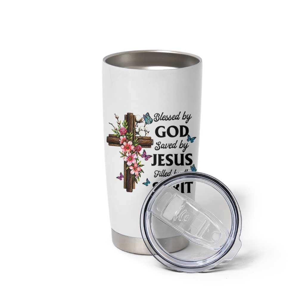 Blessed By God Saved By Jesus Tumbler Cup Floral Cross Christian Faith Inspirational